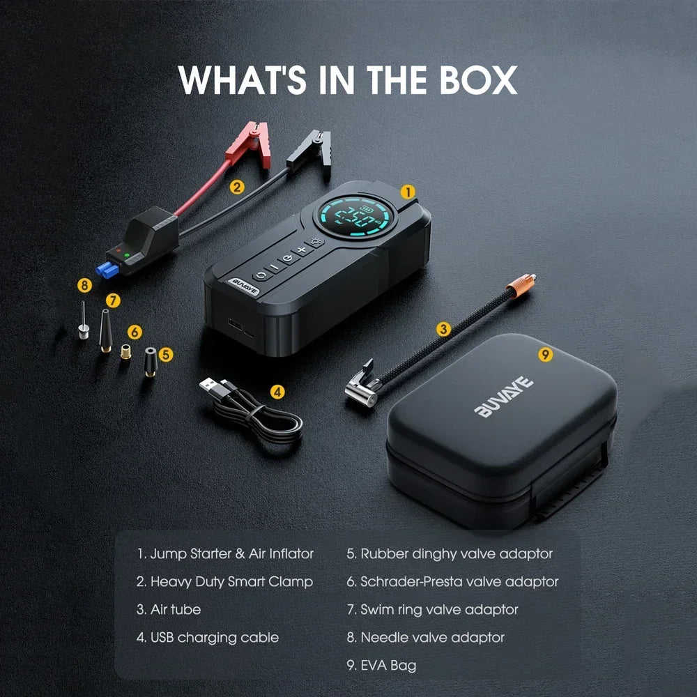 BUVAYE Car Jump Starter Air Pump Portable Air Compressor Multi-function Tire Inflator Auto Portable Battery Starter With EVA Bag